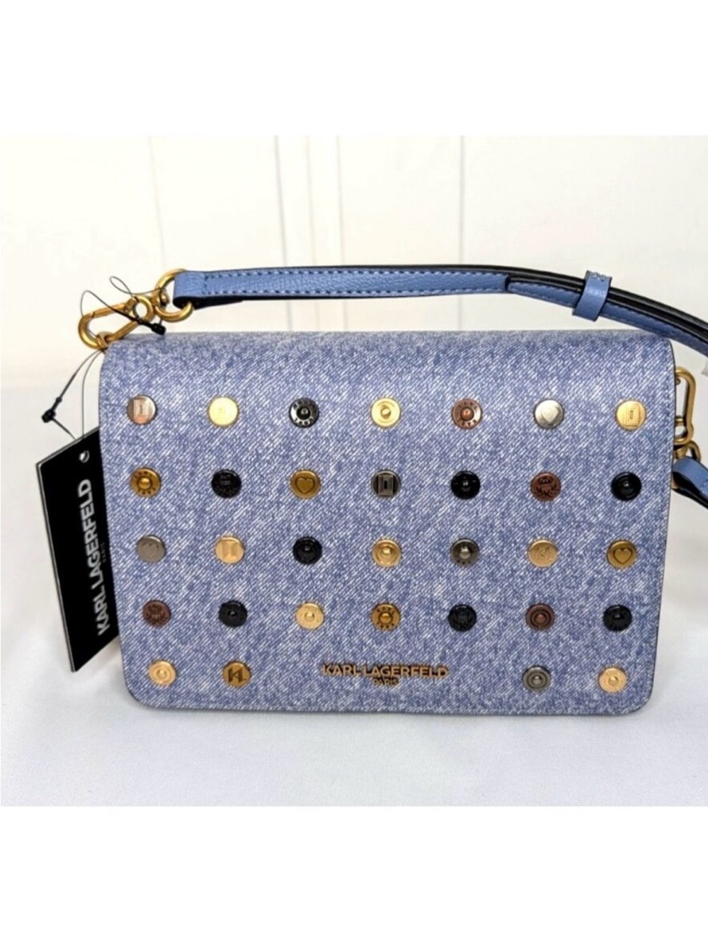 Karl Lagerfeld Light Blue Stud-Embellished Crossbody Bag (Lourdes)